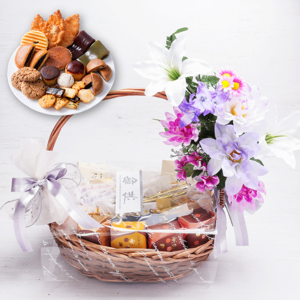 お供え かご盛り 30個入｜和洋菓子の詰め合わせ（全国配送）